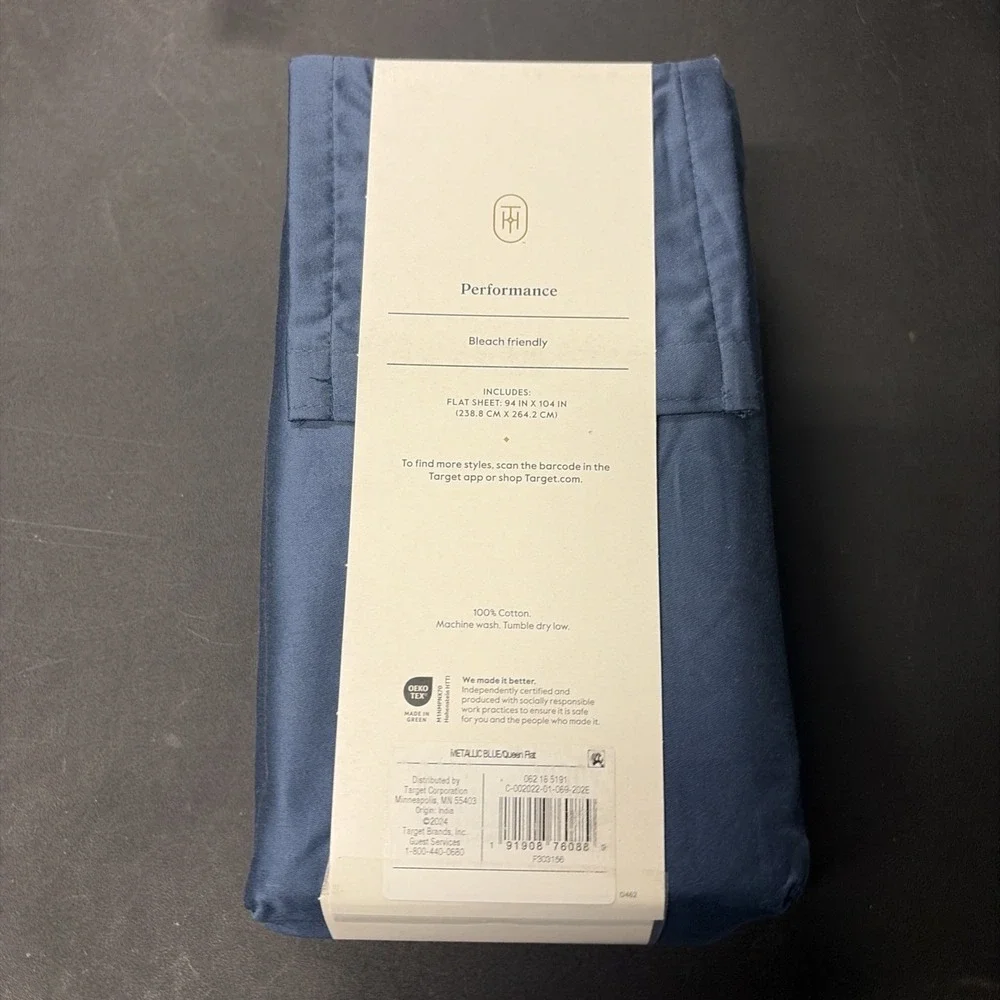 Threshold Performance Cotton Sateen QUEEN Flat Sheet Blue 400 TC Smooth 20582